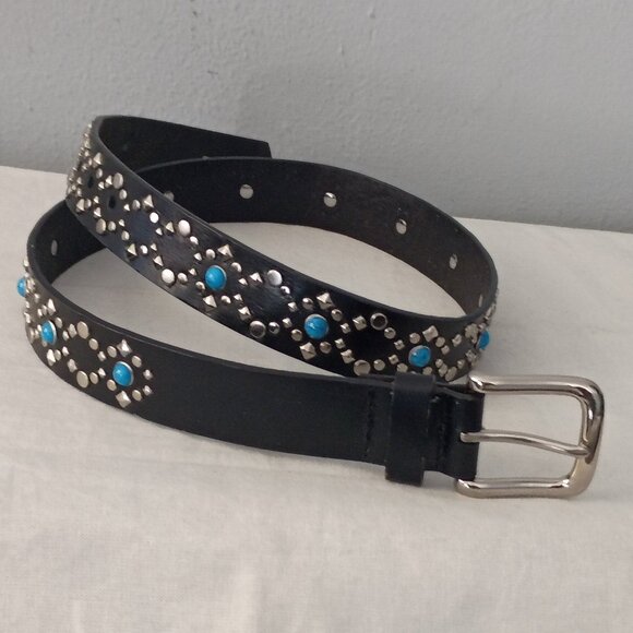 ❤️REBECCA MINKOFF Genuine Turquoise & Silver Studded Black Leather Belt Sm 31-36 main image 6